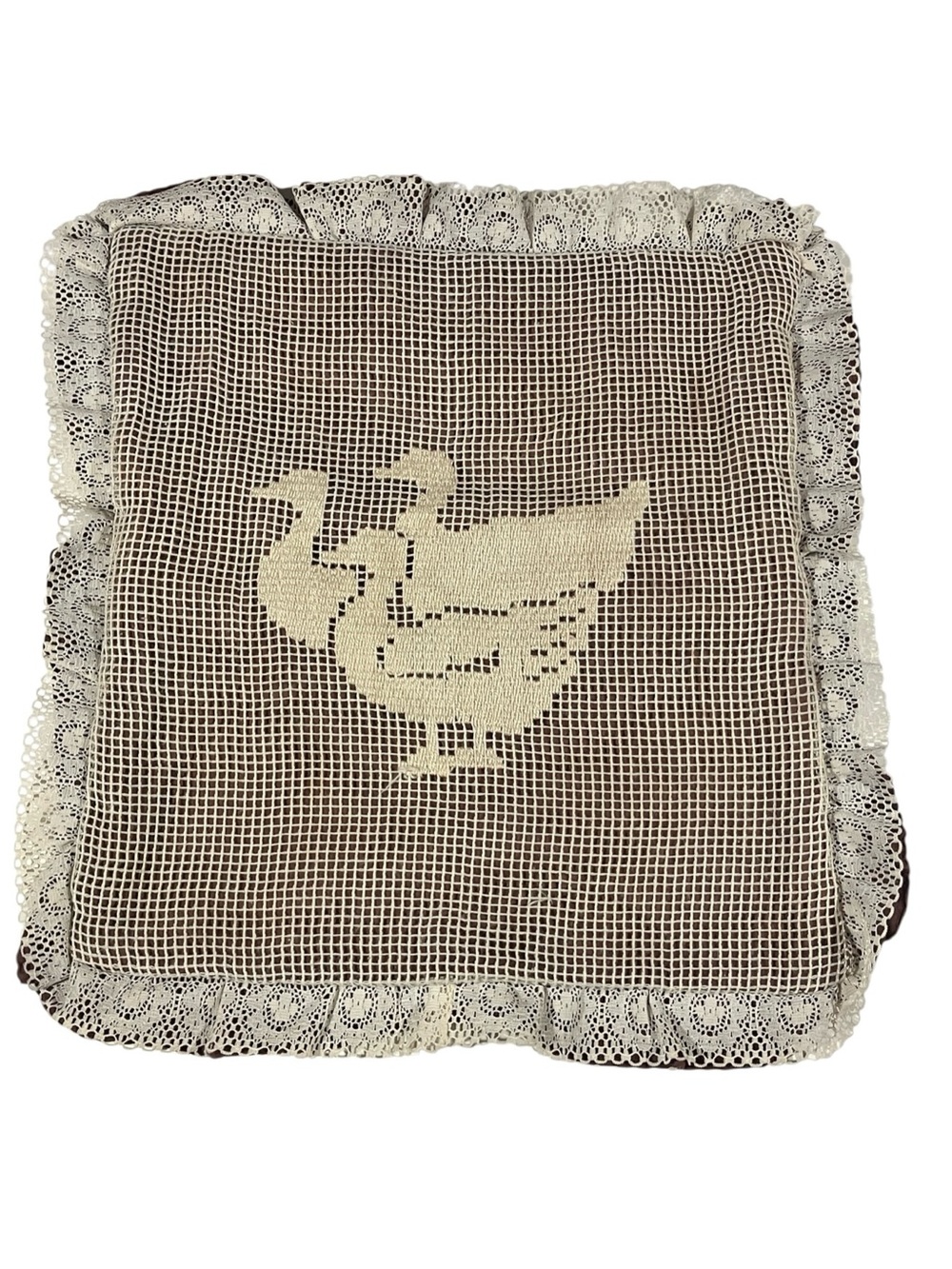 Vtg 80’s Brown Duck Animal Lace Cotton Pillow Cover Handmade Cottagecore Prarie